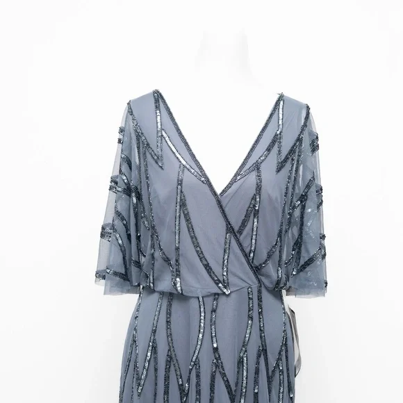 Adrianna Papell‎ - Beaded Mesh Flutter-Sleeve Dress - Picture 11 of 12